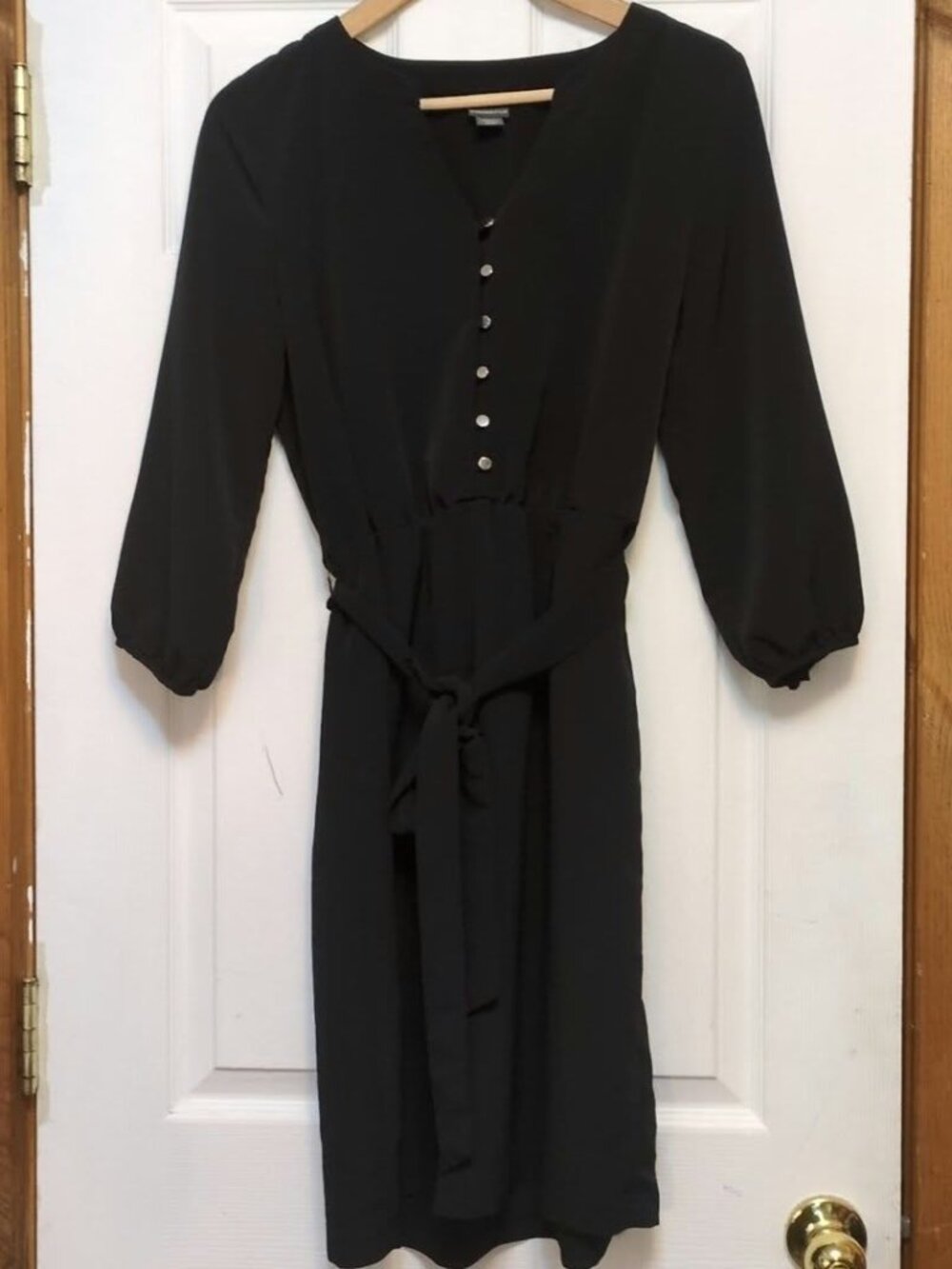 Covington Black Shirt Dress Sz M Button Up Tie Waist Minimalist Witch Costume Dr